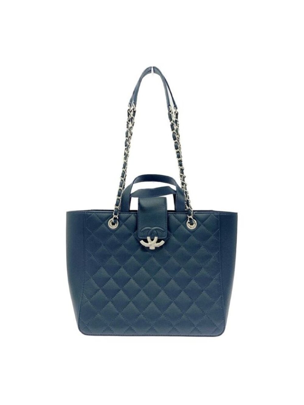Chanel Quilted Caviar Leather Small Shopping Bag Navy Shoulder - Picture 1 of 11
